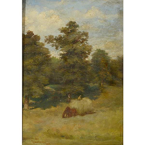 AMERICAN SCHOOL 19th Century Landscape: AMERICAN SCHOOL (19th Century) "Landscape with Horse and Hay Cart" Oil on canvas. 15 x 10 1/2 inches. Signed and dedicated l/l.