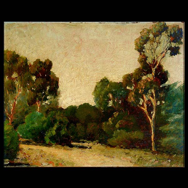 Painting, California Plein Air, Signed: CALIFORNIA SCHOOL (Early 20th Century) "Eucalyptus on Point Loma" Oil on board. 16 x 20 inches. Frame: 23 x 26 inches. Signed l/r "Grace Healy". NOTES: San Diego Art Guild Exhibition 1932 label verso.