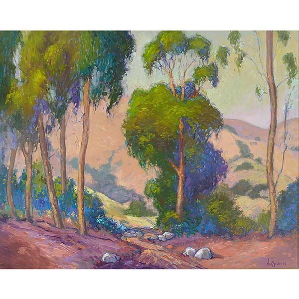 JAMES DUDLEY III SLAY Landscape Oil on canvas: JAMES DUDLEY III SLAY (American b. 1953) "Eucalyptus Grove Amongst the Golden Hills" Oil on canvas. 24 x 30 inches. Signed l/r.