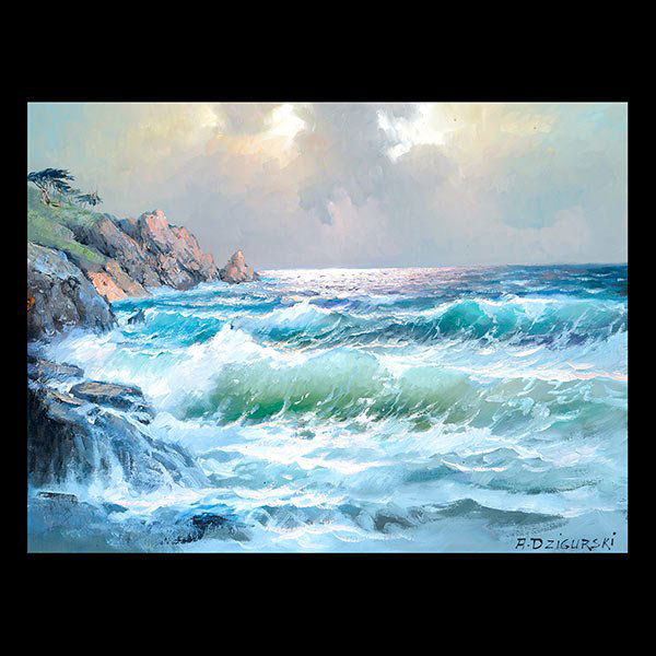 ALEXANDER DZIGURSKI "Crashing Surf" oil: ALEXANDER DZIGURSKI (Californian, 1911 - 1995) "Crashing Surf" Oil on canvas. 18 x 24 inches. Frame: 23 x 29 inches. Signed l/r.
