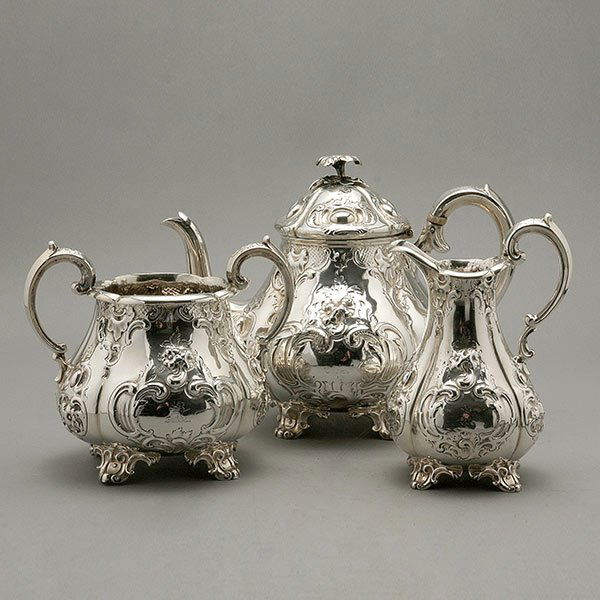 Victorian Sterling Three Piece Tea Service: Victorian Sterling Three Piece Tea Service, Reiley & Storer {Total silver weight 46.4 troy oz; height of teapot 7 1/2 inches}