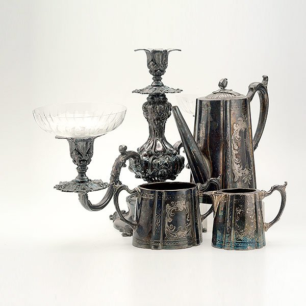 Reed & Barton Silver Plated Epergne and a Goodman 3 Pc.: Reed & Barton Silver Plated Epergne, fitted with three glass bowls, together with an Alexander Goodman Gainsford & Co Sheffield silver plated three piece coffee service, including coffee pot {height 8