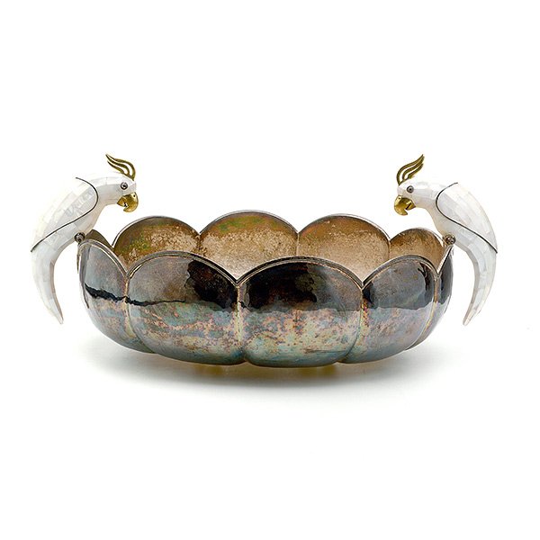 Los Castillos Hammered Silver Plate Center Bowl: Los Castillos Hammered Silver Plate Center Bowl, flanked by two mother of pearl parrots {Diameter 13 inches}