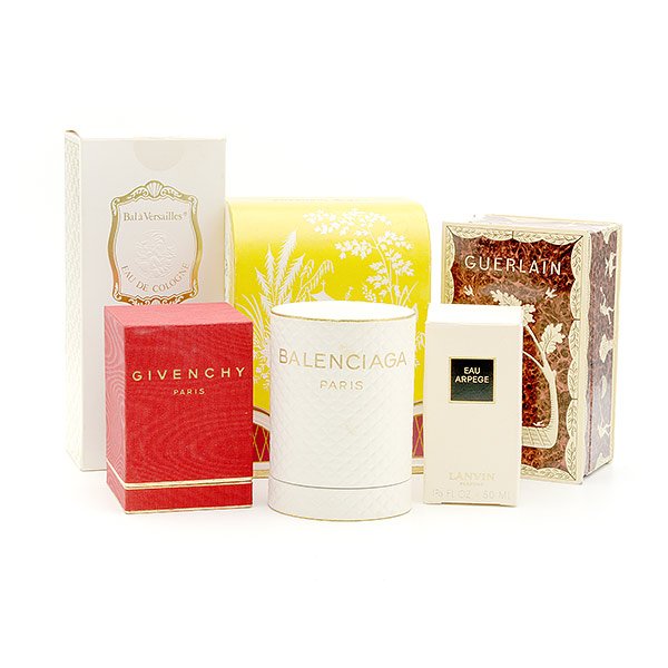 Collection of Six Perfume Bottles with Retail Boxes: Collection of Six Perfume Bottles with Retail Boxes: Including Guerlain L'Heure Bleue, Elizabeth Arden White Orchid {height 4 inches}, Jean Desprez Bal a Versailles, Balenciaga Le Dix, Lanvin Arpege,