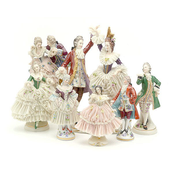 Collection of Fifteen German Lace Figures: Collection of Fifteen German Lace Figures: Including twelve single figures and three figural groups; together with two Capodimonte lace courting figures (17) {Height of tallest 9 3/4 inches} [small lo