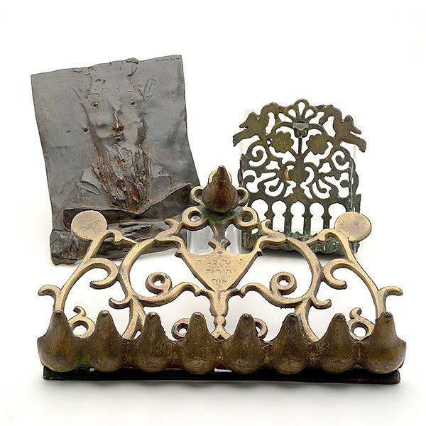 David Aronson Bronze Plaque of a Rabbi and Two Judaica: Two Judaica Lamps and a David Aronson Bronze Plaque of a Rabbi, signed and numbered 93/100 {Dimensions of plaque 7 1/4 x 5 1/2 inches; length of largest lamp 10 1/2 inches}