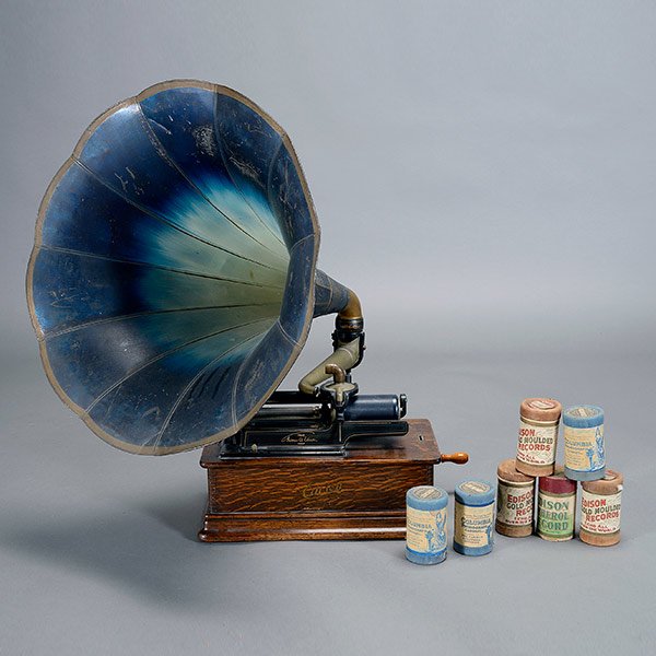 Edison Cylinder Phonograph: Edison Cylinder Phonograph, ensuite with approximately fifty cylinders {Height assembled 30 1/2 inches}