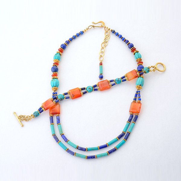 Multi-Stone, Vermeil Jewelry Suite.: Multi-Stone, Vermeil Jewelry Suite. Including a 23 inch necklace composed of various turquoise, lapis lazuli and carnelian beads, accented by vermeil beads and toggle clasp together with a matching 8 