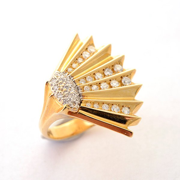 Erte Diamond, 14k Yellow Gold Fan Ring.