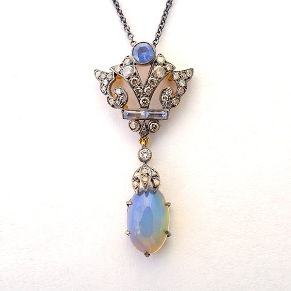 Opal, Diamond, Sapphire, Silver Gilt Pendant Necklace.