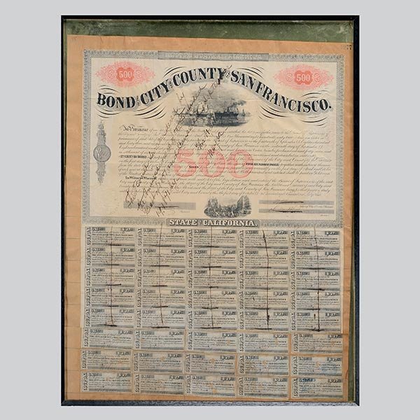 1864 US $500 Bond "City and County of San Francisco": 1864 US $500 Bond "City and County of San Francisco", This bond surrendered by The Commissioners of The Funded Debt of 1851 and canceled September 19th 1871 by Thomas Henry Selby, Mayor of San Francis