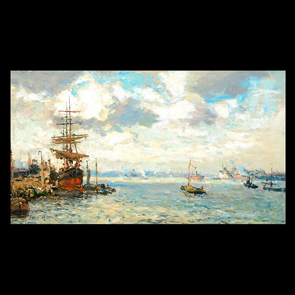 EVERT MOLL Ships in Harbor Oil on canvas: EVERT MOLL (Dutch 1878-1955) "Ships Heading into Harbor" Oil on canvas. 20 x 11 inches. Frame: 30 x 21 inches. Signed l/l.
