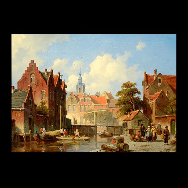 JACQUES CARABAIN Dutch Canal Scene Oil on panel: JACQUES FRANCOIS CARABAIN (Dutch 1834-1933) "Dutch Canal Scene" Oil on panel. 11 1/4 x 15 3/4 inches. Frame: 23 x 28 inches. Signed l/r.