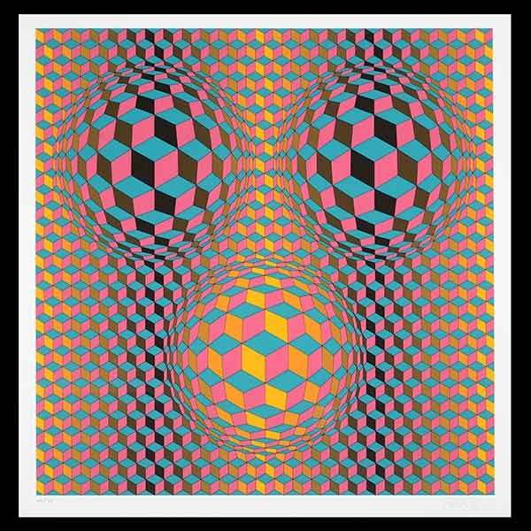VICTOR VASARELY Serigraph Three Spheres: VICTOR VASARELY (French/Hungarian 1906-1997) "Untitled - Three Spheres" Serigraph on paper. 24 x 24 inches. Frame: 39 x 39 inches. Signed in pencil l/r and numbered l/l "66/75". (Condition: In very go