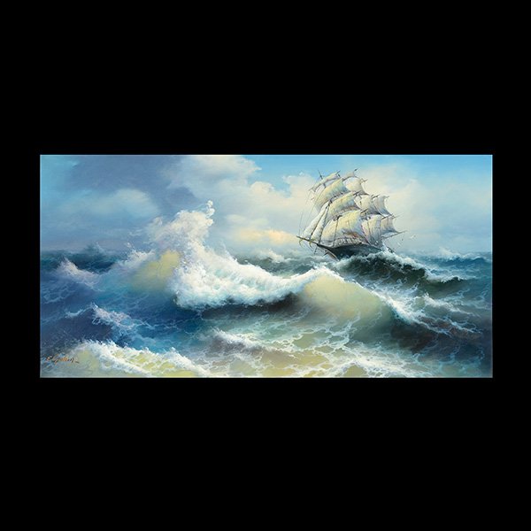 EUGEN GARIN Seascape Oil on canvas: EUGENE GARIN (Russian/American 1922-1994) "Masted Ship in Rough Seas" Oil on canvas. 24 x 47 inches. Frame: 32 1/2 x 57 inches. Signed l/l.