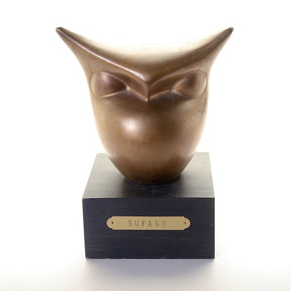 BENIAMINO BENVENUTO BUFANO Bronze Owl: BENIAMINO BENVENUTO BUFANO (American 1898-1970) "Untitled - Owl" Bronze Owl: 7 x 7 1/4 x 4 1/2 inches. With base: 9 1/2 x 5 1/2 x 5 1/2 inches. Signed bottom.