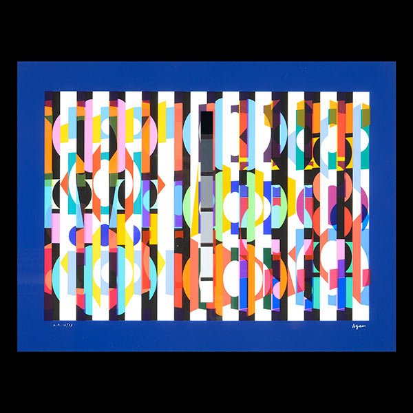 JAACOV AGAM Color screenprint Soir: JAACOV AGAM (Israeli b.1928) "Soir' Interspaceograph" Color screen print. Sight: 21 x 15 1/2 inches. Signed l/r on plastic screen and numbered l/l "A.P. 10/13" and signed and illustrated verso. NOTES: