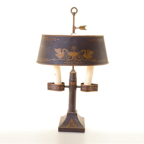 French Tole Two Light Bouillotte Lamp: French Tole Two Light Bouillotte Lamp, with ebonized swan shade {Height to finial 22 inches}
