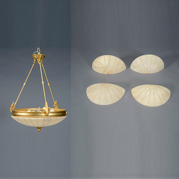 Art Deco Gilt Brass Alabaster 9 Light Chandelier: Art Deco Gilt Brass Alabaster Chandelier, the pendant carved corona base, suspended by three cylindrical rods with leaf, fitted with three light socket, en suite with two pairs of sconces, 20th Centur