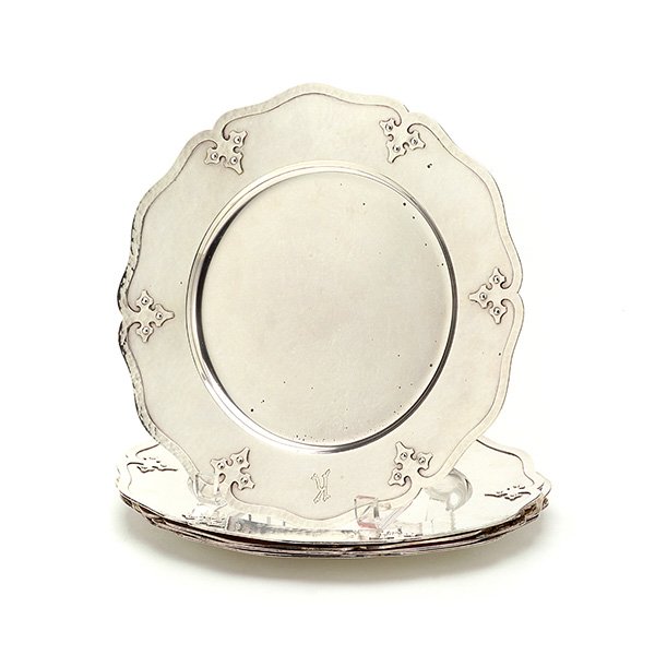 Set of Ten Shreve Fourteenth Century Sterling Chargers: Set of Ten Shreve Fourteenth Century Sterling Chargers, monogrammed K {Total silver weight 144.5 troy oz; diameter 10 3/4 inches}