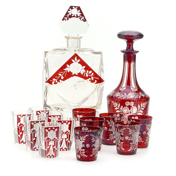 Two Bohemian Flashed Glass Liquor Sets: Two Bohemian Flashed Glass Liquor Sets: each comprising a decanter and six glasses (14) {Height of tallest decanter 9 inches}