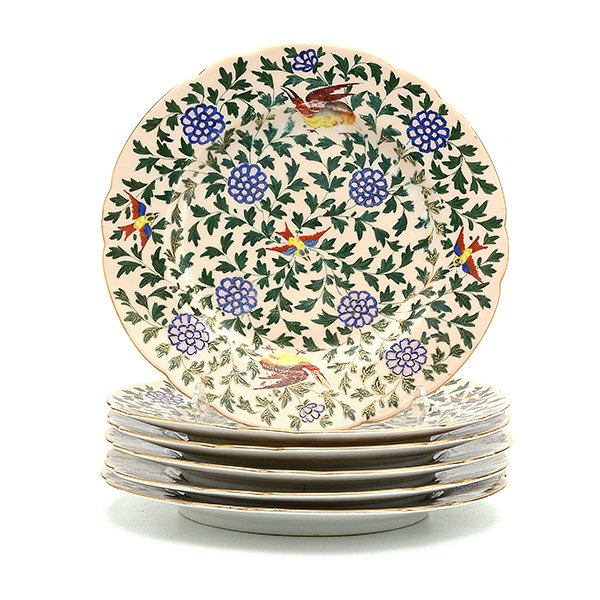 Set of Thirteen Royal Vienna Porcelain Plates: Set of Thirteen Royal Vienna Style Porcelain Plates, scattered with enameled exotic birds in an Islamic style flowering vine ground, each plate marked "Austria" with a green overglaze beehive mark {Di