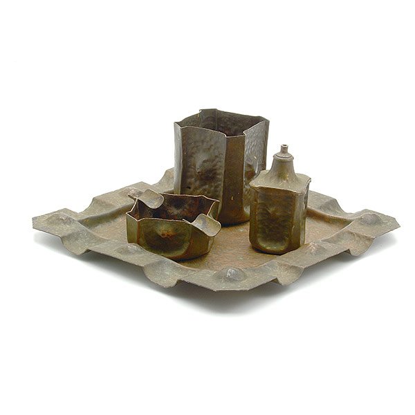 Apollo Studios Hammered Copper Four Piece Desk Set: Apollo Studios Hammered Copper Four Piece Desk Set, each piece marked 549, comprising tray {dimensions 10 x 10 inches}; pen cup {height 3 3/4 inches}; ashtray; and inkwell