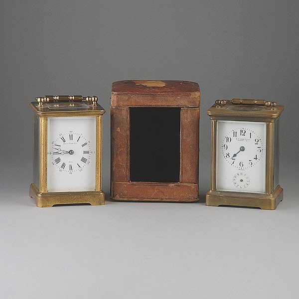 Two Carriage Clocks, One with Travel Case: Two French Carriage Clocks: the first retailed by Shreve, Crump and Low, Boston; the second with subsidiary dial, retailed by E.P. Thorn & Sons, Albany, NY and fitted with with a travel case {Dimensio