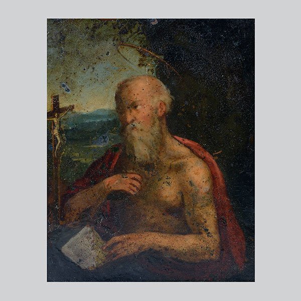 Framed Retablo Painting on Copper of St. Jerome with: Framed Retablo Painting on Copper of St. Jerome with Crucifix {Dimensions of frame 10 x 8 1/4 inches}