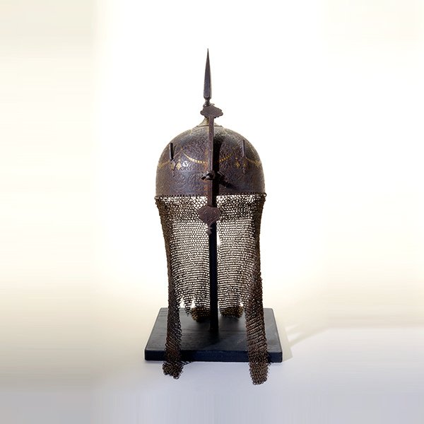 Antique Indo-Persian Steel Helmet Kulah-Khud: Antique Indo-Persian Steel Helmet Kulah-Khud, 19th Century {Height of helmet 10 3/4 inches, with chain mail 25 inches}