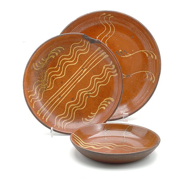 Three Early Redware Pie Plates: Three Early Redware Pie Plates {Diameter of largest 11 inches} [chips to two plates]