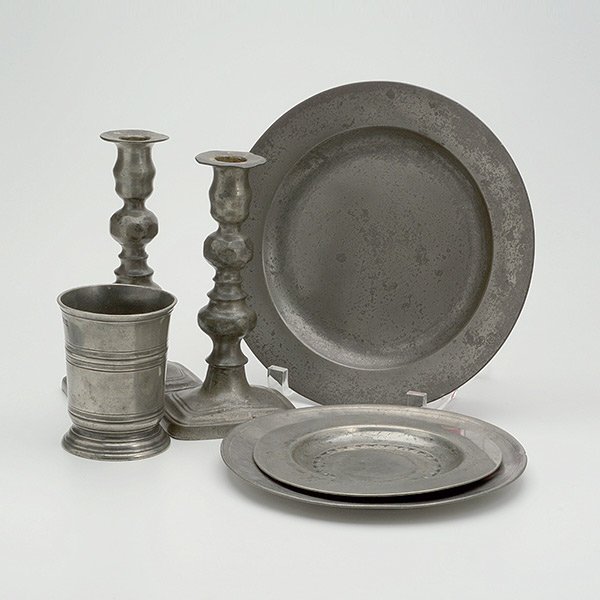 Six Pieces of Early Pewter: Six Pieces of Early Pewter: Comprising a J. Edwards 1/2 pint cup, monogrammed JG, and plate monogrammed WH {diameter 6 1/2 inches}; a pair of candlesticks with crowned X quality mark, marked B&F, and 