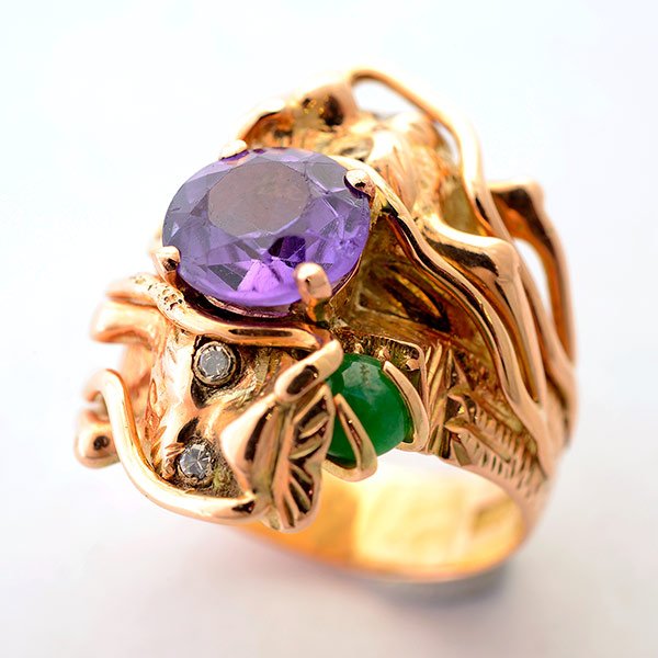 Synthetic Alexandrite-Like Corundum, Jade, Diamond, 14k: Synthetic Alexandrite-Like Corundum, Jade, Diamond, 14k Yellow Gold Dragon Ring. Designed as two dragons bypassing, centering one round-cut synthetic alexandrite-like corundum, accented by one round j