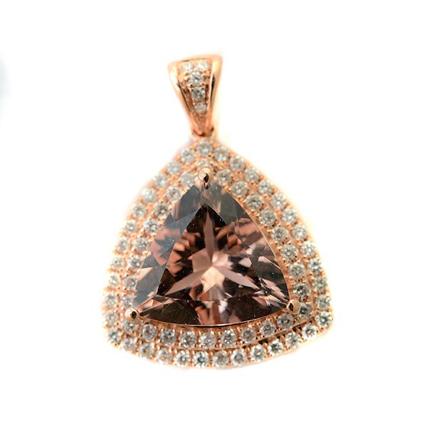 Morganite, Diamond, 14k Rose Gold Pendant.: Morganite, Diamond, 14k Rose Gold Pendant. Centering one triangular-cut morganite weighing approximately 4.00 cts., accented by sixty-nine full-cut diamonds weighing a total of approximately 0.70 cttw