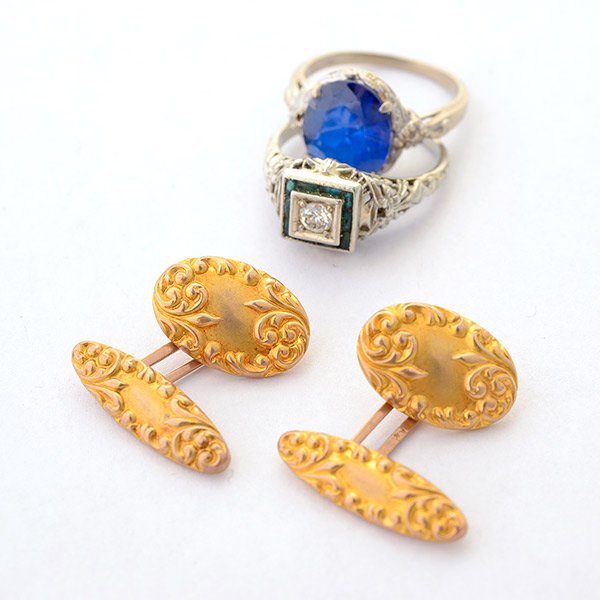 Collection of Three Diamond, Emerald, Synthetic Spinel,: Collection of Three Diamond, Emerald, Synthetic Spinel, Gold Jewelry. Including one pair of Victorian 10k yellow gold double sided cufflinks with a fitted box; one 0.15 ct. diamond, emerald, 14k white