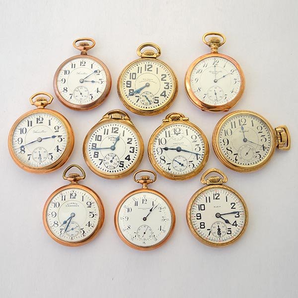Collection of Ten Gold-Filled Pocket Watches.: Collection of Ten Gold-Filled Pocket Watches. Including one Vacheron & Contantine open face, gold-filled pocket watch; two Elgin rail road gold-filled, open face pocket watches; two Waltham rail road 