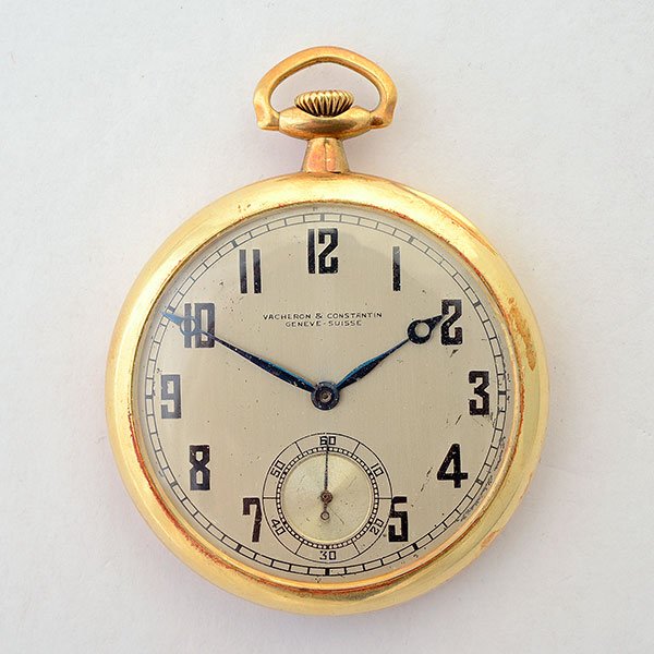Vacheron & Constantine 14k Yellow Gold Pocket Watch.: Vacheron & Constantin 14k Yellow Gold Pocket Watch. DIAL: Round, silvered, black stylized Arabic numeral hour markers, outer black minutes track, blued breguet hands, sunken subsidiary seconds dial at