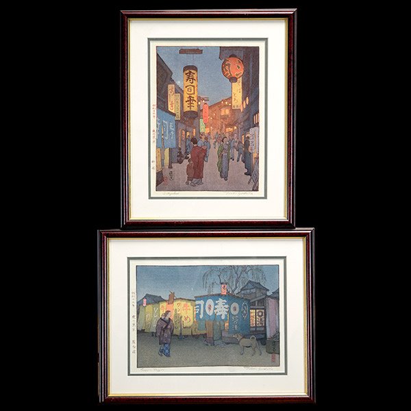 Toshi Yoshida (1911-1995): Two Woodblock Prints: Toshi Yoshida (1911-1995): Two Woodblock Prints a) Tokyo at night: Shinjuku, chuban, titled and dated 1938, signed with one seal, framed and glazed; b) Tokyo at night: Supper Wagon, chuban, titled and