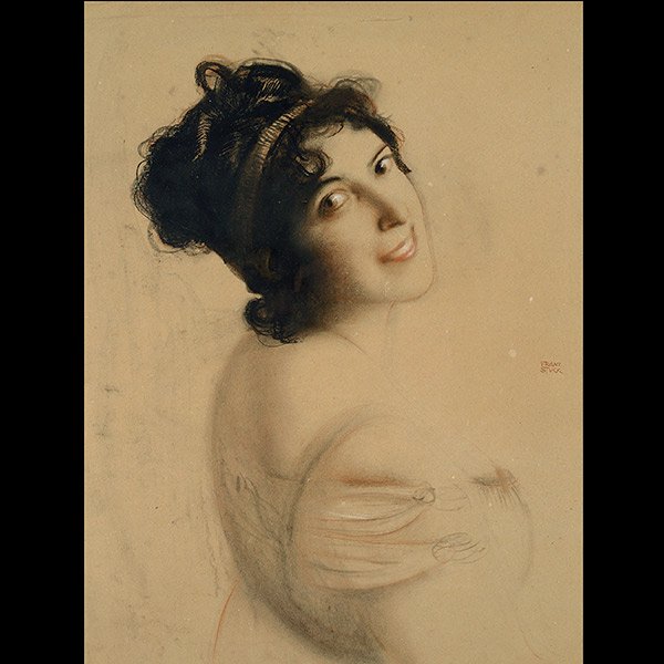 FRANZ VON STUCK, Pastel Portrait of a Woman: FRANZ VON STUCK (German 1863 - 1928) Portrait of a Dark Haired Beauty. Pastel and charcoal on paperboard. 27 x 21 inches / 68.5 x 53.3 centimeters. Signed right center: Franz Stuck. (Condition: paperb