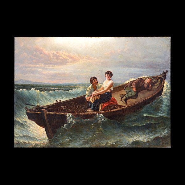 Lovers in a Boat by V. Otto: EUROPEAN SCHOOL (Late 19th Century/Early 20th Century) "Lovers in Boat with Old Man" Oil on canvas. 28 x 40 inches. Frame: 38 x 50 1/2 inches. Signed l/r "V Otto"