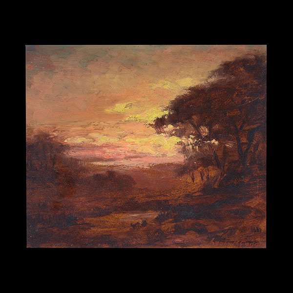LEOLA COGGINS California Art Oil on board: LEOLA HALL COGGINS (Californian 1881 - 1930) "Sunset" Oil on board. 10 x 12 inches. Frame: 15 x 17 inches. Signed l/r.