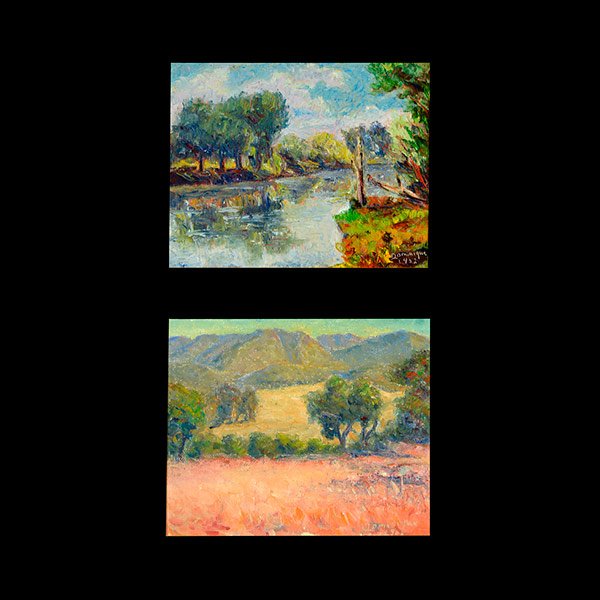 JOHN DOMINIQUE two California Landscape Paintings: JOHN DOMINIQUE (Californian 1893 - 1994) Lot of two - "A Bend in the River" and "Summer Ojai Hills" Each oil on board. 10 x 12 inches. Frames: 13 1/4 x 15 1/2 inches and 14 3/4 x 16 3/4 inches. Each s