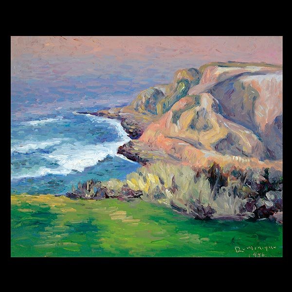 JOHN A DOMINIQUE, California Coastal Landscape: JOHN A DOMINIQUE (American born in Sweden 1893 - 1994) "Beach Near Santa Barbara" Oil on canvas 16 x 20 inches. Singed and dated l/r: Dominique 1946. Note: Artist bio verso.