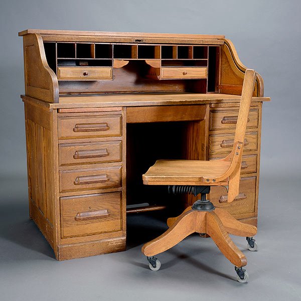Oak Roll Top Desk and Swivel Chair: Oak Roll Top Desk and Swivel Chair {Dimensions of desk 44 x 48 x 32 1/2 inches; chair 35 x 25 1/2 x 25 inches}