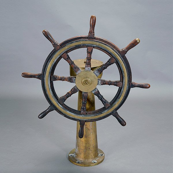 Wooden and Gilt Brass Ship's Wheel: Wooden and Gilt Brass Ship's Wheel {Dimensions height 46 1/2 inches; diameter of wheel 36 inches}