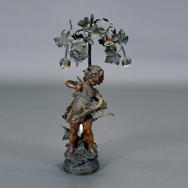 After Auguste Moreau, Art Nouveau Figural Metal Lamp: After Auguste Moreau (1834-1917), Art Nouveau Figural Metal Lamp, inscribed Auguste Moreau, copyright by D&J.R. 1906 {Height 32 inches} This lot is being sold to benefit University of San Francisco.