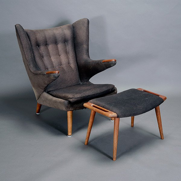 Hans Wegner Papa Bear Chair and Associated Ottoman: Hans Wegner Papa Bear Chair and Associated Ottoman, the chair with original upholstery and foam fill {Dimensions of chair 39 x 36 x 33 inches; ottoman 16 x 28 inches}