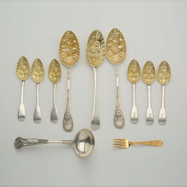 Collection of English Silver Serving Utensils: Collection of English Silver Serving Utensils: Comprising a pair of gilt washed berry spoons {length 9 inches}; a set of six teaspoons {length 5 3/4 inches} and serving spoon; and a ladle; together wi