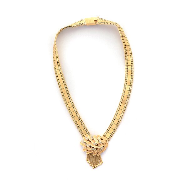 Diamond, 14k Yellow Gold Necklace.: Diamond, 14k Yellow Gold Necklace. The 14k yellow gold necklace centers a floral and tassel motif, accented by eight round-cut diamonds weighing a total of approximately 0.15 cttw., attached to a 14k 