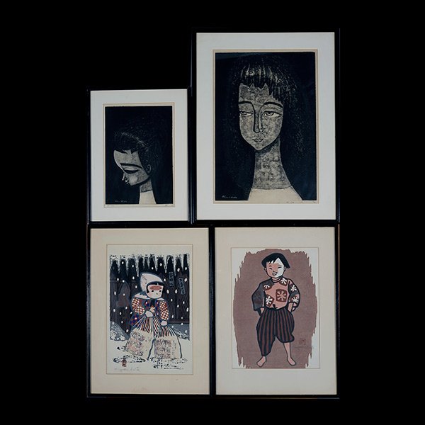 Four Japanese Woodblock Prints: Four Japanese Woodblock Prints a) Kiyoshi Saito (1907-1997): Boy, oban, signed with one seal, framed and glazed; b) Kiyoshi Saito (1907-1997): Girl in the Snow, oban, signed with one seal, framed and